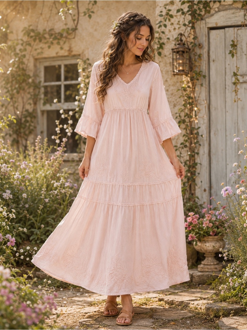 Soft Surroundings Anastasia Pink Embroidered Cotton Maxi size M Cottage Fairy